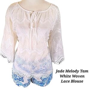 Jade Melody Tam Blouse White Sheer Lace Pom Pom Trim Medium | Delicate Lace Top